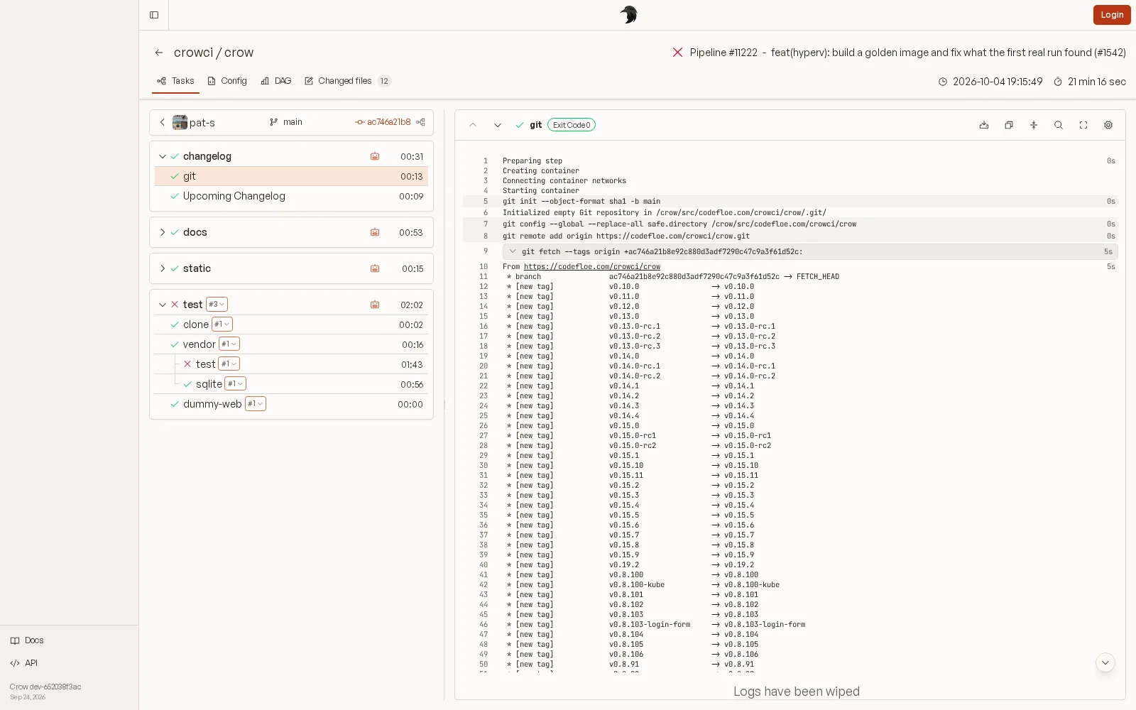 A Crow pipeline with its workflows, steps and live logs